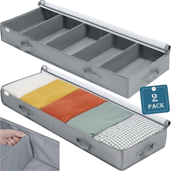 Under Bed Storage Bags, 2 Pack Large Boxes Under the Bed Clothes Storage Organiser Adjustable Dividers, Clear Foldable Underbed Blankets Duvet Quilts Containers w/ Sturdy Bottom Support, 47.5x16x6in