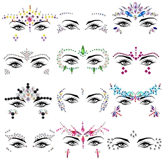 12 Sets Face Jewels Rhinestones Stick on Self Adhesive Face Gems Mermaid Body Jewel Crystal Stickers for Rave Festival Carnival Party Decorations