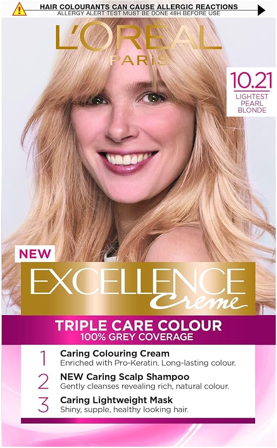 L'Oréal Paris Excellence Crème Permanent Hair Dye, Radiant At-Home Hair Colour with up to 100% Grey Coverage, Pro-Keratin, Up to 8 Weeks of Colour, Colour: 10.21 Lightest Pearl Blonde