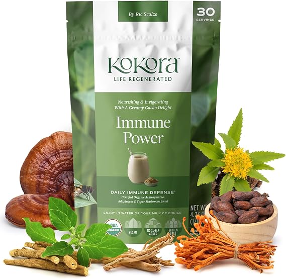 kokora Immune Power - Daily Immune Defense for Wellness* - Certified Organic Ashwagandha, Adaptogens & Super Mushroom Powder - Vegan, Non-GMO, No Added Sugar- 120g - 30 Servings
