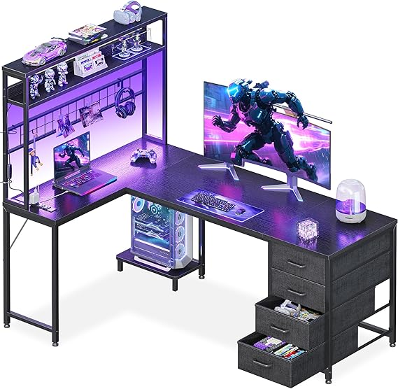 AODK 59" L Shaped Gaming Desk with Hutch, 4 Drawers, LED Lights, Black