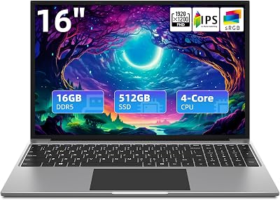jumper Laptop 16 Inch, 16GB RAM 512GB SSD, FHD 1920x1200 Display16:10, Laptop Computer with Quad Core N CPU, 38WH Battery, Cooling System, Numeric Keyboard, 4 Speakers, Business Student Laptops