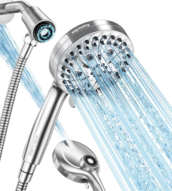 Handheld Shower Head High Pressure Magnetic Holder,10 Spray Modes with Power Wash for Pets&Tile&Toilet, Filtered for Softer Skin & Shinier Hair, 1.8GPM, Stainless Steel Hose