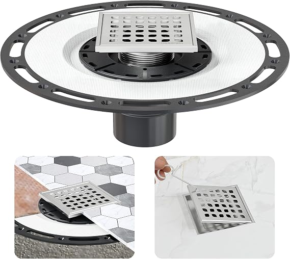 Neodrain 4 in Brushed Square Shower Drain w/Removable Grate &Drain Key