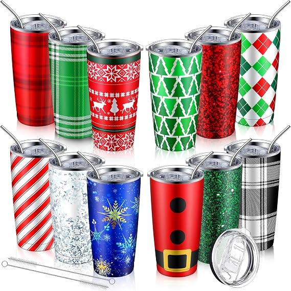 12 Pcs Christmas Tumblers Gifts 20oz Christmas Travel Tumbler Cup Holiday Stainless Steel Insulated Tumbler Coffee Mug with Lid Straw for Xmas Birthday Gift Party Supplies (Plaid Style)