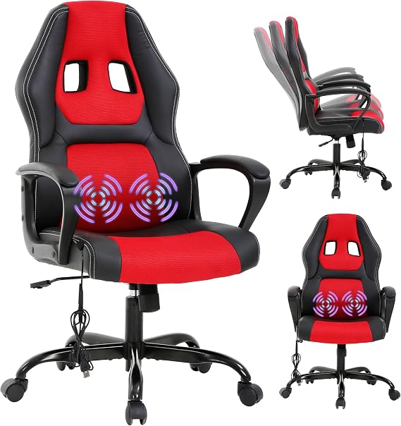 Silla Gamer Ergonomic Massage Gaming Chair - Leather Racing Style, Comfortable for Adults & Kids - Red