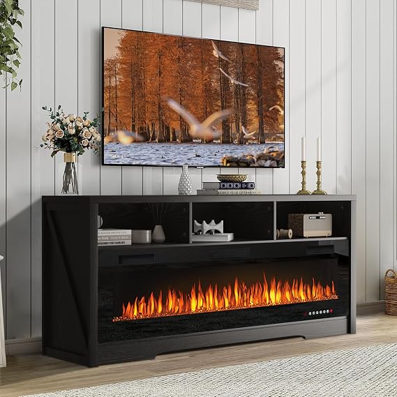 PUKAMI Fireplace TV Stand with 60" Electric Fireplace, 65 inch TV Stand for TVs Up to 75" TV, Entertainment Center with Open Shelve Storage for Living Room (Black)
