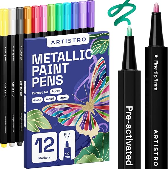 ARTISTRO 12 Metallic Paint Pens for Glass Marking - Bullet Tip