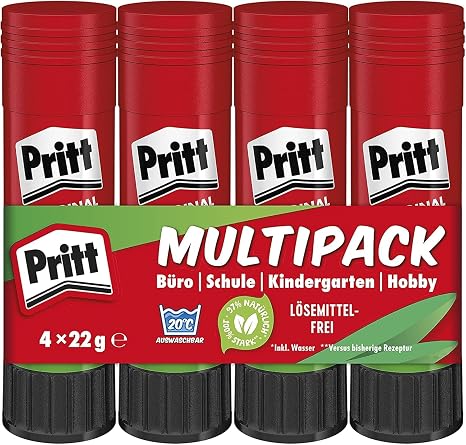 Pritt Klebestift, sicherer und kinderfreundlicher Bastelkleber fur Kunst und Bastelarbeiten, starker Kleber fur Schule & Burobedarf, 4x22g Pritt