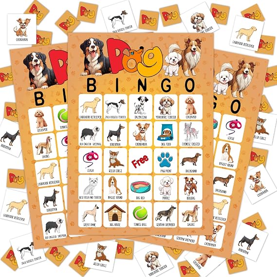 Dog Bingo Cards Game, Bingo Game for Adults Family, Puppy Dog Party Supplies Favor Decoration, Dogs Lovers Gift, 24 Players Games -01