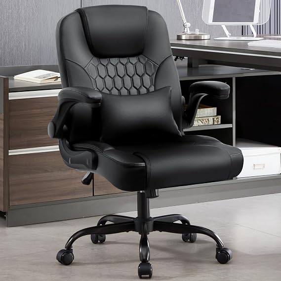 Executive Office Chair with Wheels Leather Office Chair 360 Degree Rotating Rolling Chair with Padded Arms, Ergonomic Computer Chair with Lumbar Support for Short People Black