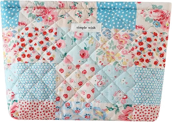 Quilted Cotton Makeup Bag(Checker Red Flower)