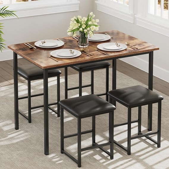 VECELO Dining Table and Faux Leather Chairs Set for 4, Brown