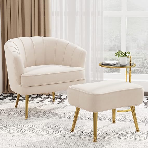 Velvet Accent Chairs with Ottoman for Living Room Bedroom Office Leisure Upholstered Single Sofa Chair Arm Chair Comfy Chair Reading Club Coffee Chair with Metal Legs, Beige