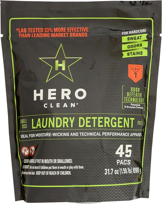 Hero Clean Laundry Detergent, Odor Defeater, 45 Pacs | 6-Enzyme Formula, Brightening and Whitening, Ideal for Sweaty Gear and Everyday Wear, Moisture Wicking Fabrics