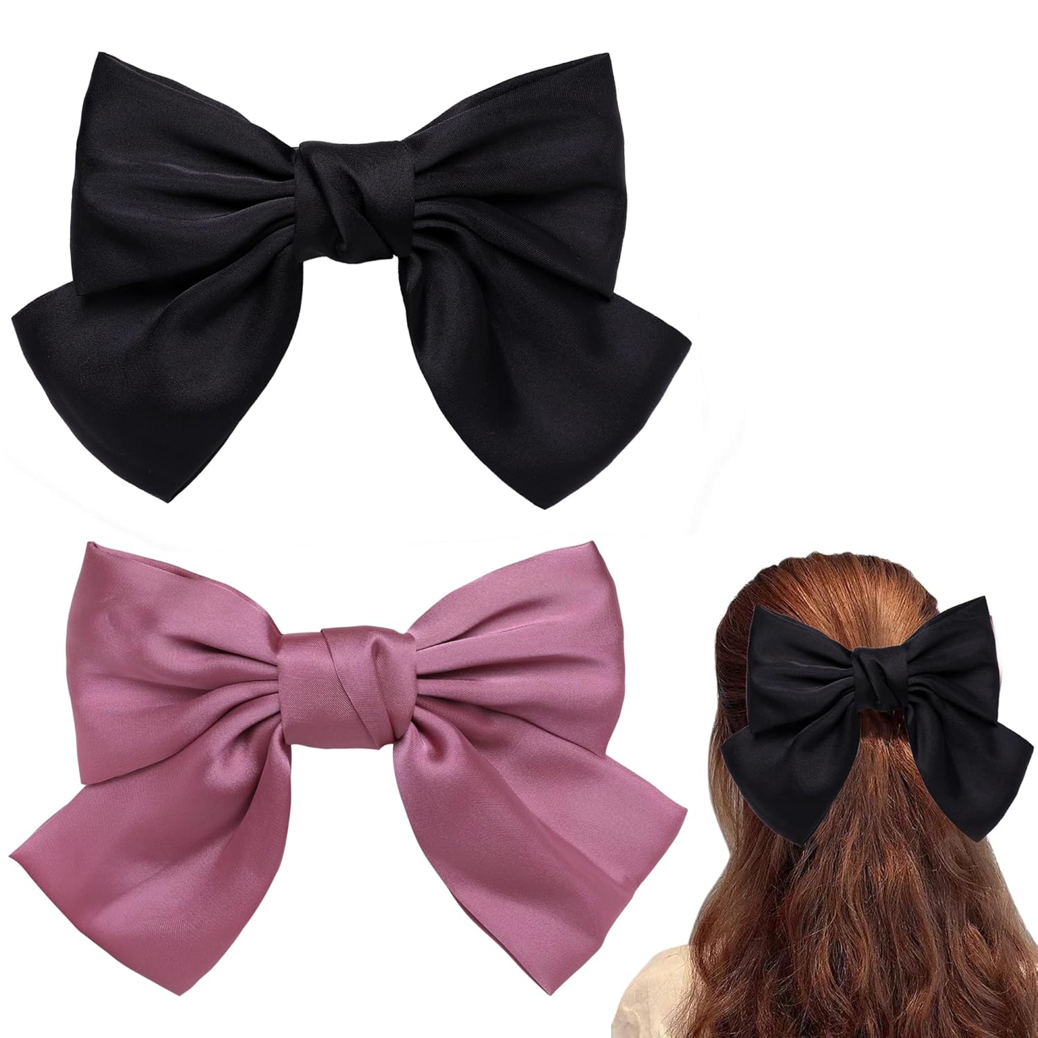 Big Black Hair Bow，2PCS Bow Hair Clips For Women Girls Pink Hair Bow Hair Barettes 8 Inch Satin Bow Hair Accessories For Women by YerpkefeyBlack Pink