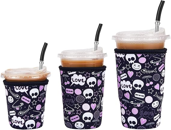 Reusable Insulated Neoprene Iced Coffee Beverage Sleeves Cold Drink Cup Holder for Starbucks Coffee, McCafe, Dunkin Donuts, Tim Hortons and More, Skull-3 Pack