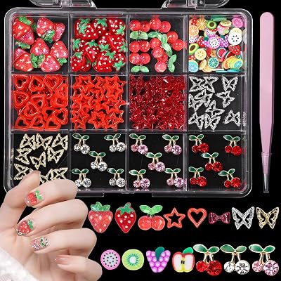 Fruit Cherry Butterfly Nail Charms Gems, Gold Silver Cherries Butterflies Alloy Nail Rhinestones Charms, Strawberry Heart Star Acrylic Nails Art Charms for Nails Supplies Design