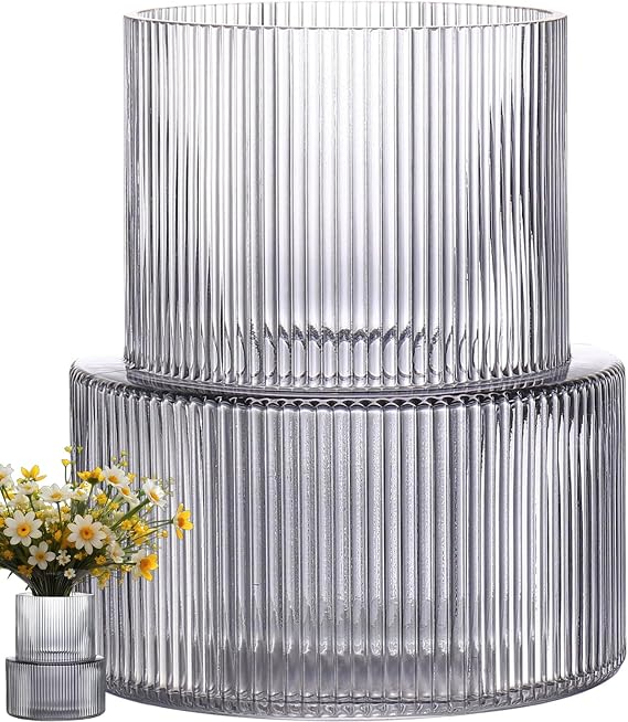 Vase Glass Vase Vases for Ribbed Glass Glass Vases Grey Transparent Flower Vase Modern Large Flower Vases Rose Vase for Living Room Table Decoration Aesthetic Room Decor (Grey)