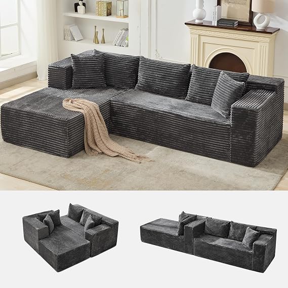 106" L Shaped Modular Cloud Sectional Sofa with Cushions, Grey