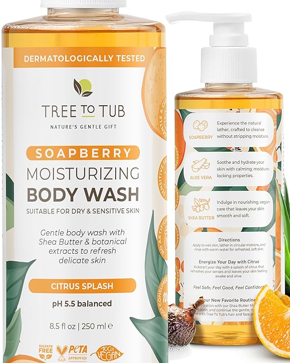 Tree To Tub Citrus Body Wash with Soapberry for Dry Skin pH 5.5, 8.5 Fl Oz | Sulfate & Paraben-Free, Rich Lather, Natural Orange Scent, Shea Butter & Aloe Vera, Vegan & Cruelty-Free, Safe for Daily Use