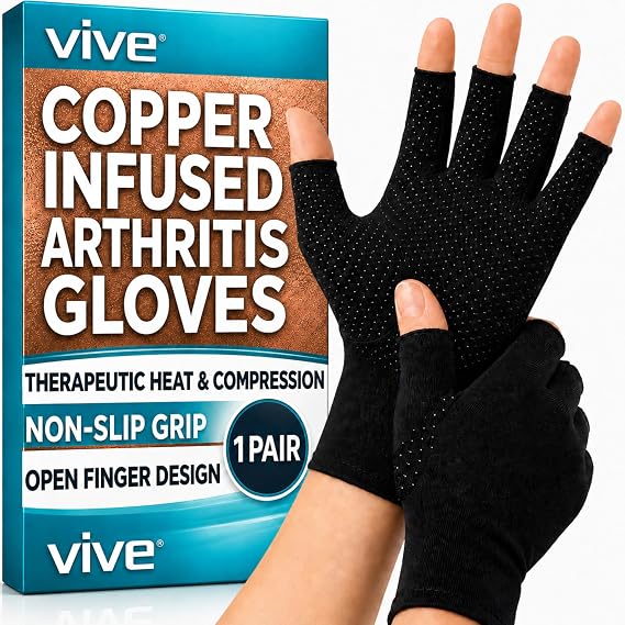 Vive Copper Infused Fingerless Arthritis Compression Gloves (Pair) - Relief | For Men, Women, Rheumatoid, Swelling, Carpal Tunnel, Tendonitis, Edema, Hand & Finger Pain - Comfortable Non-Slip (Small)