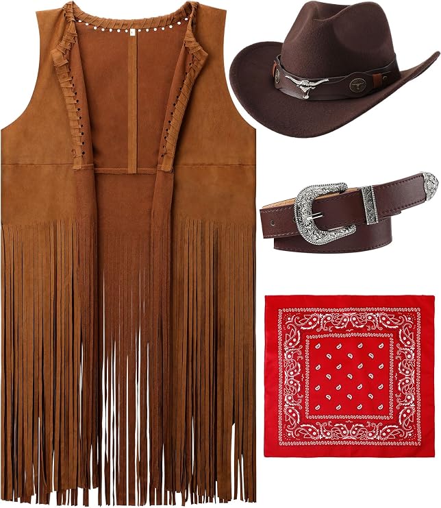 Hercicy Western Outfits for Women Cowgirl Costume Accessories Cowboy Hat Tassel Vest Cowboy Belt and Bandana 70s Hippie