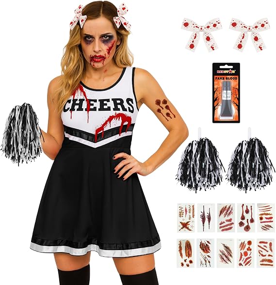 Zombie Cheerleader Costume Women Outfit with Cheerleader Pom Poms - Dead Halloween Fancy Dress Costume - High School Musical Zombie Outfit
