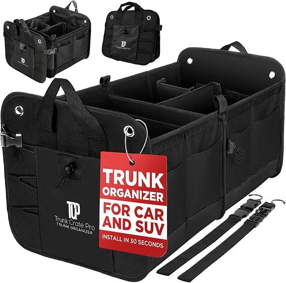Car Trunk Organizer for SUV & Truck Cargo Storage, Large, Black | Fits Cars, SUVs & Trucks 4 Adjustable Compartments Non-Slip Base & Straps Foldable 11 Pockets Car Accessories