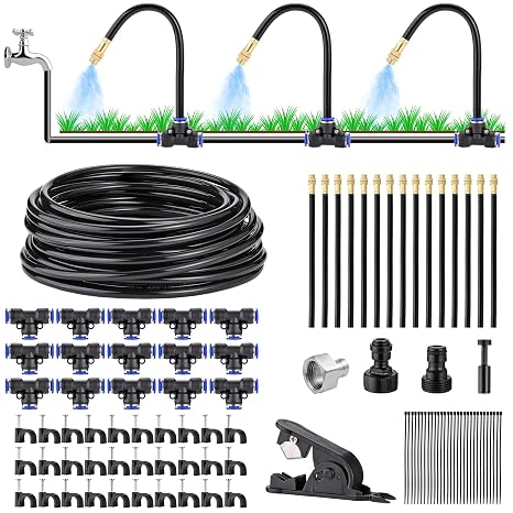 Automatic Drip Irrigation Kit 50FT(15m) - DIY Garden Watering System with 15Pcs 360°Adjustable Bendable Brass Mist Nozzles, Faucet Adapter, Hose & Cutters for Greenhouse Yard Cooling Humidifying