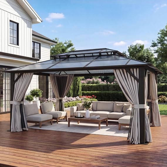 12x14 Hardtop Gazebo with Double Polycarbonate Roof Outdoor Metal Gazebo Sturdy Aluminum Frame & Removable Curtains, Netting Permanent Pavilion Pergola for Garden,Patio,Lawn (Gray)