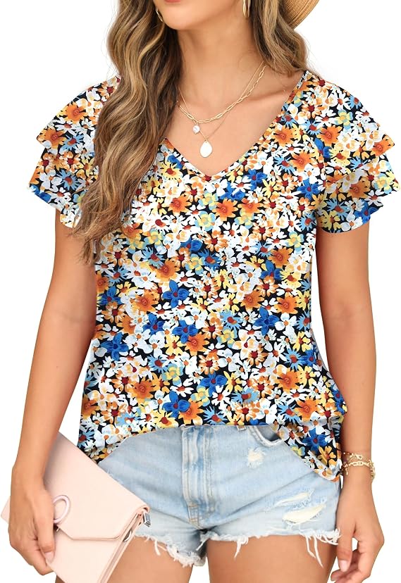 FREEOAK Womens Floral Tops Ruffle Sleeve Shirts for Women V Neck Loose Fit Casual Tee Tunics