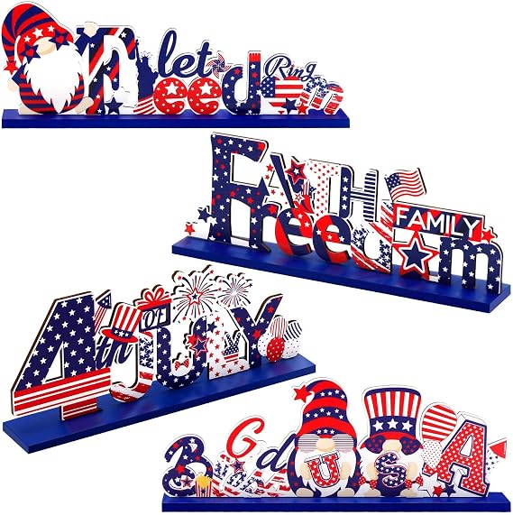 Hommtina 4 Pcs 4th of July Decorations Patriotic Decorations 4th of July Gnomes Memorial Day Decorations Red White and Blue Decorations for House School Classroom