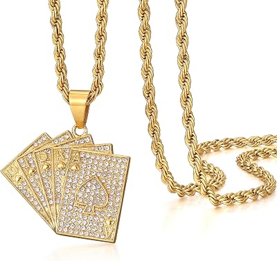 ROWIN&CO Mens Gold Iced Out Ace of Spades Poker Necklace, Stainless Steel Royal Flush Pendant, Hip Hop Jewelry, Available in 20-30, Includes Gift Box.