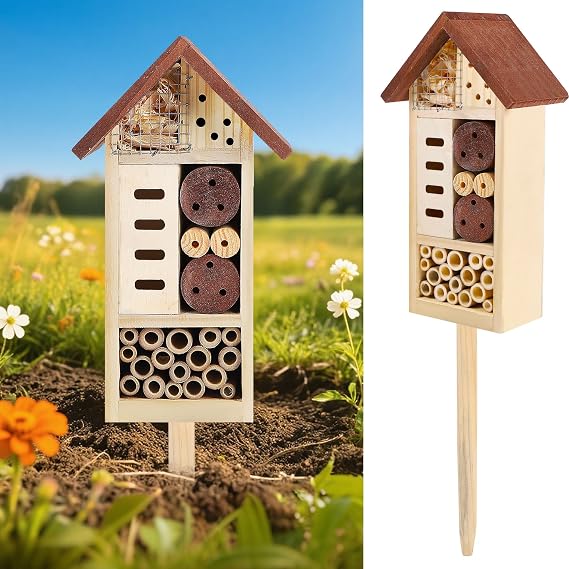 Lulu Home Wooden Insect House with Stake, Hanging & Inserting Two Mount Ways Insect Hotel for Bee, Butterfly, Ladybirds, Beneficial Insect Habitat, Bug Hotel Garden, 19.7 X 3.4 X 5.4 Inch