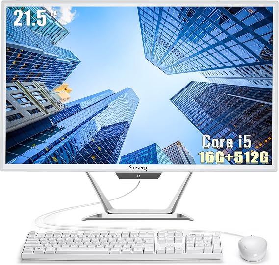suevery All-in-One PC 21.5 AIO Desktop Computer Core I5, 256G SSD 16G RAM, Wi-Fi6, 1080P Gaming All in One 22" FHD Business Display for Home Office with Keyboard & Mouse (GB, 512)