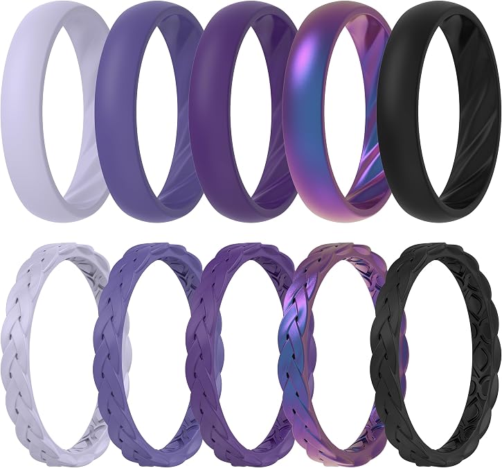 ThunderFit Braided Classic Mix Women's Silicone Rings, 1.7mm Thick Rubber Engagement Rings - Braided and 4mm Classic Rings Combo