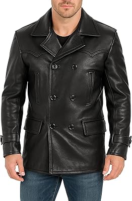 Mens Black Lambskin Leather Trench Coat - Vintage German Officer WW2 Military Pea Coat Long Uniform Coat