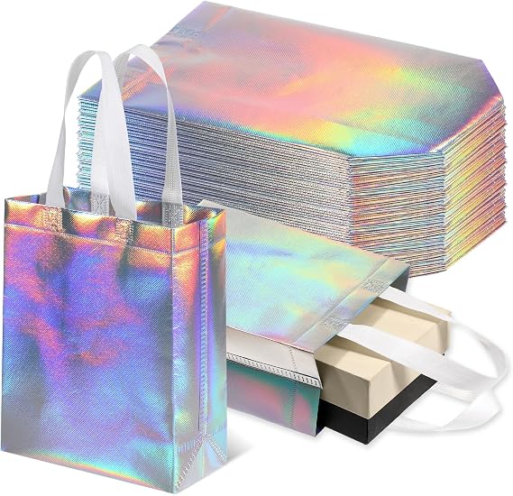JJUNW 30 pcs Iridescent Gift Bags, Non-woven Reusable Party Bags | with Handles 10x8.6x4 in Stylish Holographic Goodie Bag Party Favor Handbag for Birthday Weddings Holiday Shopping