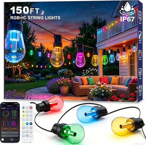 Beizelte Outdoor String Lights, 150FT RGB+IC Outside Light Dimmable Shatterproof LED Bulbs, IP67 Waterproof Chasing Effect Lighting DreamColor Patio Strip Lights for Backyard, Balcony, Outdoor Living