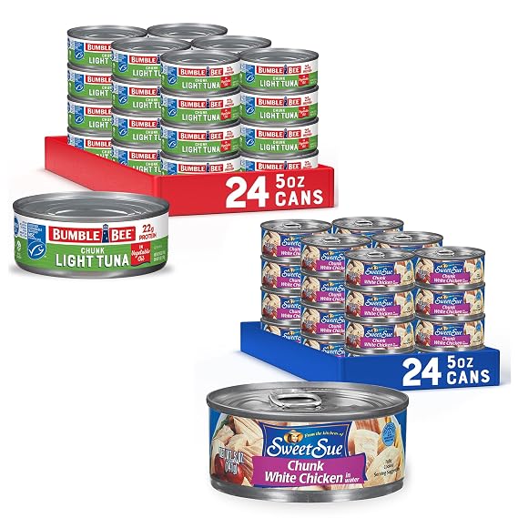 Bumble Bee & Sweet Sue Pantry Staples Bundle - Chunk Light Tuna in Water, 5 oz Cans (Pack of 24) and Sweet Sue Chunk White Chicken in Water, 5 oz Cans (Pack of 24) - Bulk Protein Meal Ingredients