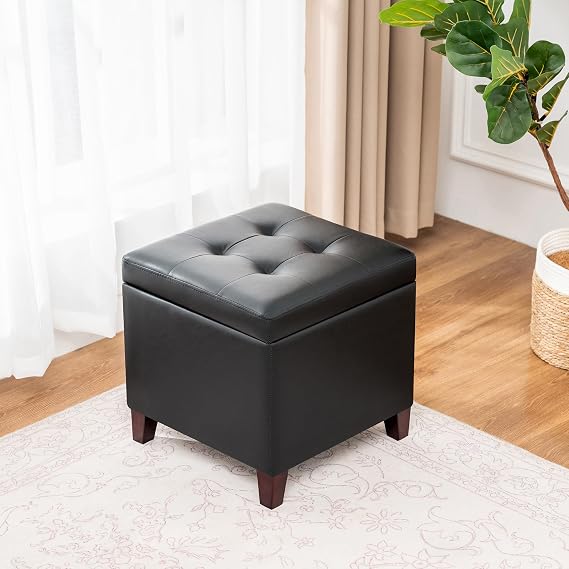 Storage Ottoman, 17" Fuax Leather Square Tufted Footrest Stool with Hinged Lid & Wooden Legs, Extra Seat or Coffee Table for Living Room, Bedroom, Entryway, Black