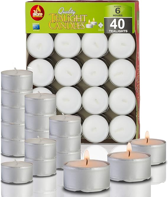 Ner Mitzvah 6 Hour Tea Light Candles - 40 Pack Bulk Package - White Unscented Travel, Centerpiece, Decorative Candle with Maxi Burn Time - Pressed Wax