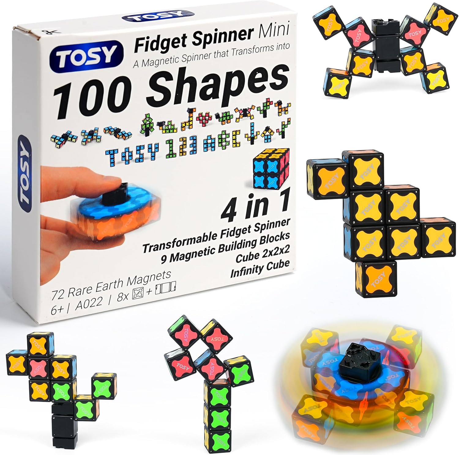 TOSY Magnet Fidget Spinner Mini - 8 blocks, 3 in 1 Toy: Transformable Fidget Spinner, Infinity Cube, 2x2 Puzzle Cube, Easter Birthday Gift for Kids/Adults, STEM Sensory Stress Relief Toy