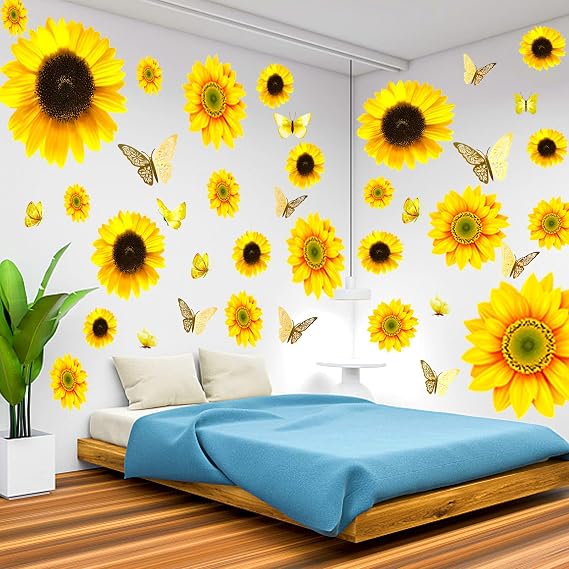 39 Pcs 3D Sunflowers with Butterfly Wall Decals Decor - Large Sunflower Wall Stickers Peel and Stick Yellow Floral Stickers for Home Kitchen Bedroom Bathroom Living Room Decorations