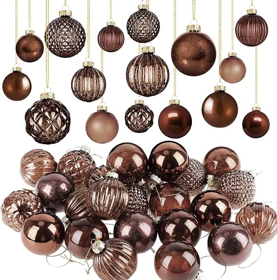 24 Pcs Glass Christmas Ornaments, 2.36", Stylish, Bronze Color