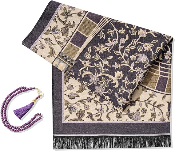 Muslim Prayer Rug with Islam Prayer Beads - Travel Prayer Mat, Islamic Gifts for Women, Portable Prayer Matt Islam, Islamic Prayer Rug Islam Men Women, Praying Mat for Muslim Gifts, Purple