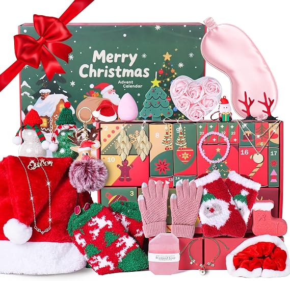 Advent Skincare Calendar for Teen Girls, Adult, Christmas Gifts For Women, 24 Day Advent Beauty Calendar 2025 With Makeup Kit, Bath Bomb, Spa, Jewelry, Santa Hat, Holiday Countdown Gift Sets for Mom Wife Daughter Sister