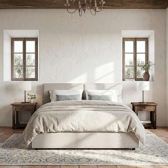 RuiSiSi Queen Size Upholstered Platform Bed with Thick Headboard, Beige