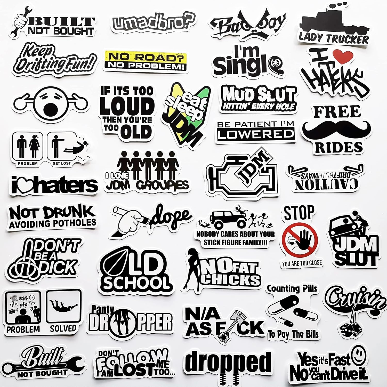 50 Pieces Humor USDM Hellcat Sticker Bomb Parody Sticker JDM Drift Racing Car Sticker